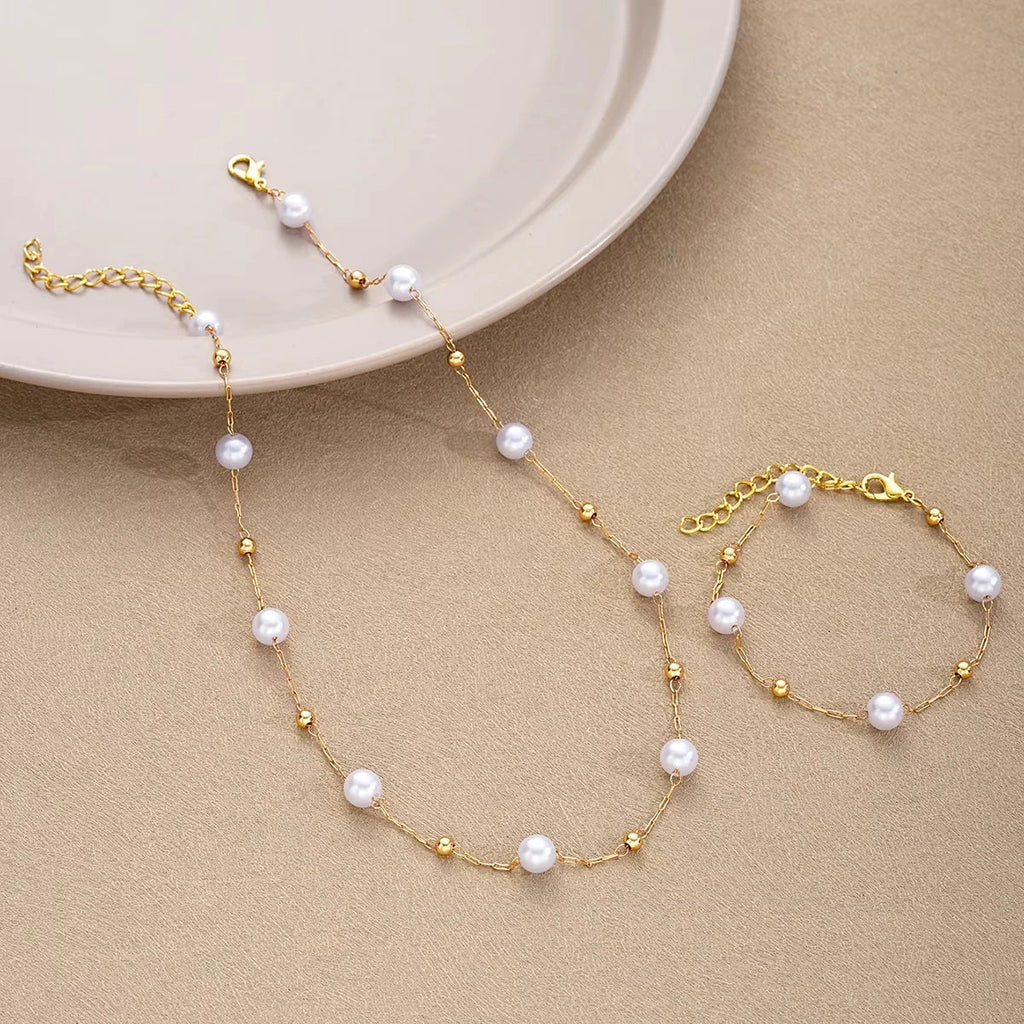 2 Pcs Exquisite Gold Color Bohemian Jewelry Set for Women Fashion Pearl Cross Pendant Necklace Bracelet Set Casual Jewelry Gifts Vera Lux