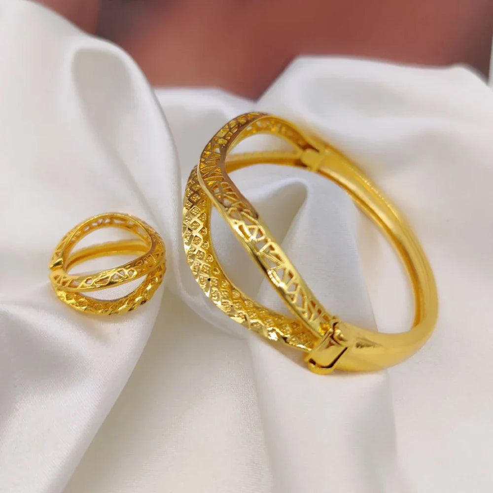 Geometry Design Bangle with Ring Set for Ladies African 18k Gold Color Hand Bracelet Cocktail Ring 2Pcs Set for Engagement Gifts Vera Lux