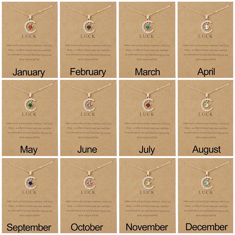 Fashion Moon Star Necklaces For Women 12 Months Crystal Birthstone Pendant Chain Men Trendy Birthday Party Jewelry Gift Vera Lux