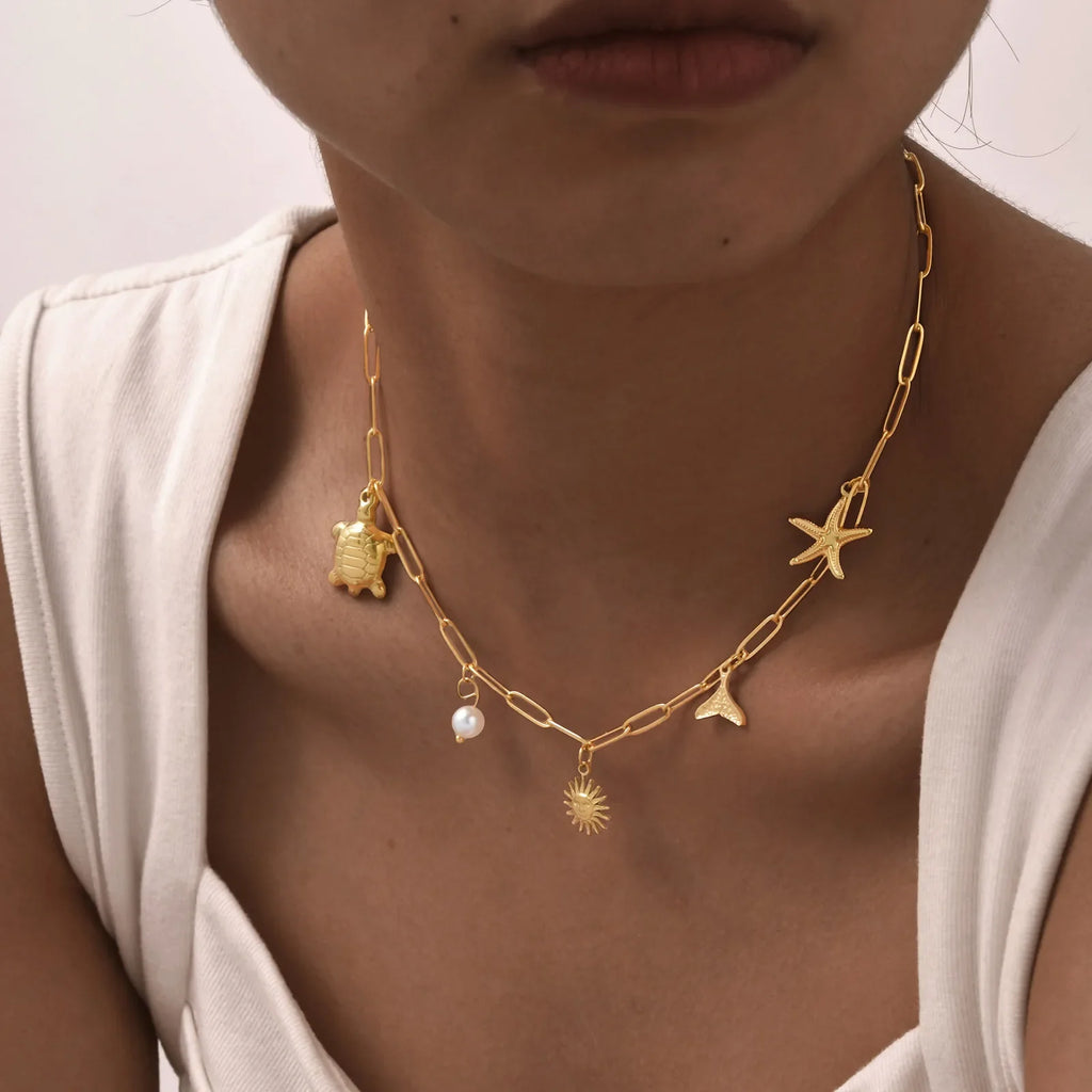 18k Gold Plated Pearl Shell Conch Starfish Summer Beach Necklace, Charms Necklace for Women,Stainless Steel Waterproof Jewelry Vera Lux