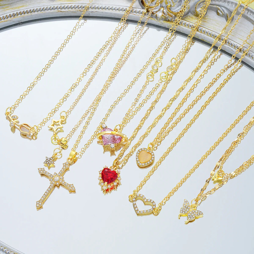 8 Pcs Simple Temperament Necklace Set For Women Elegant Gold Color Crystal Butterfly Cross Rose Heart Star Pendant Necklaces Vera Lux