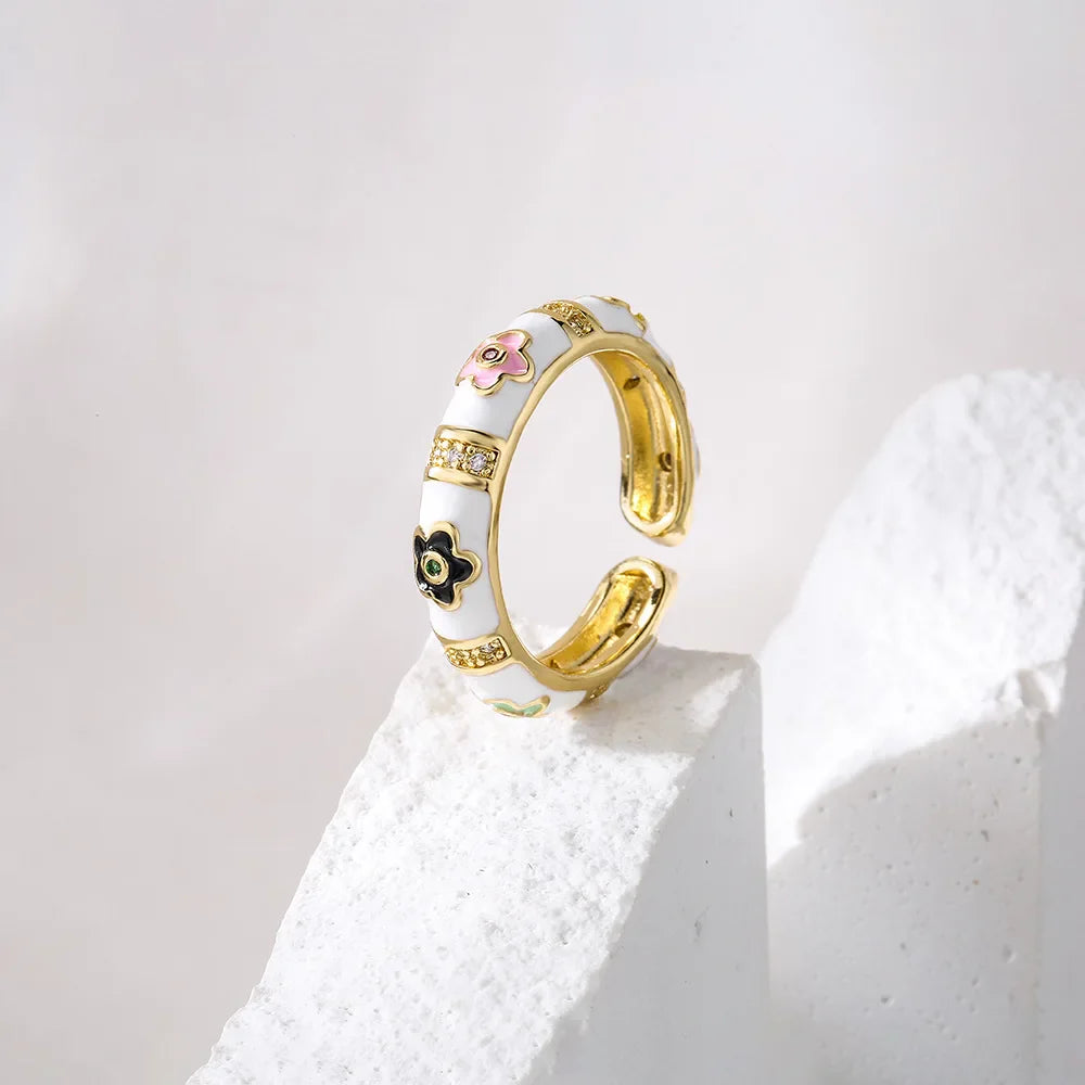 NEWBUY Colorful Enamel Wedding Rings For Women Female Oval Flower Finger Ring Female Party Jewelry Accessories Wholesale Vera Lux