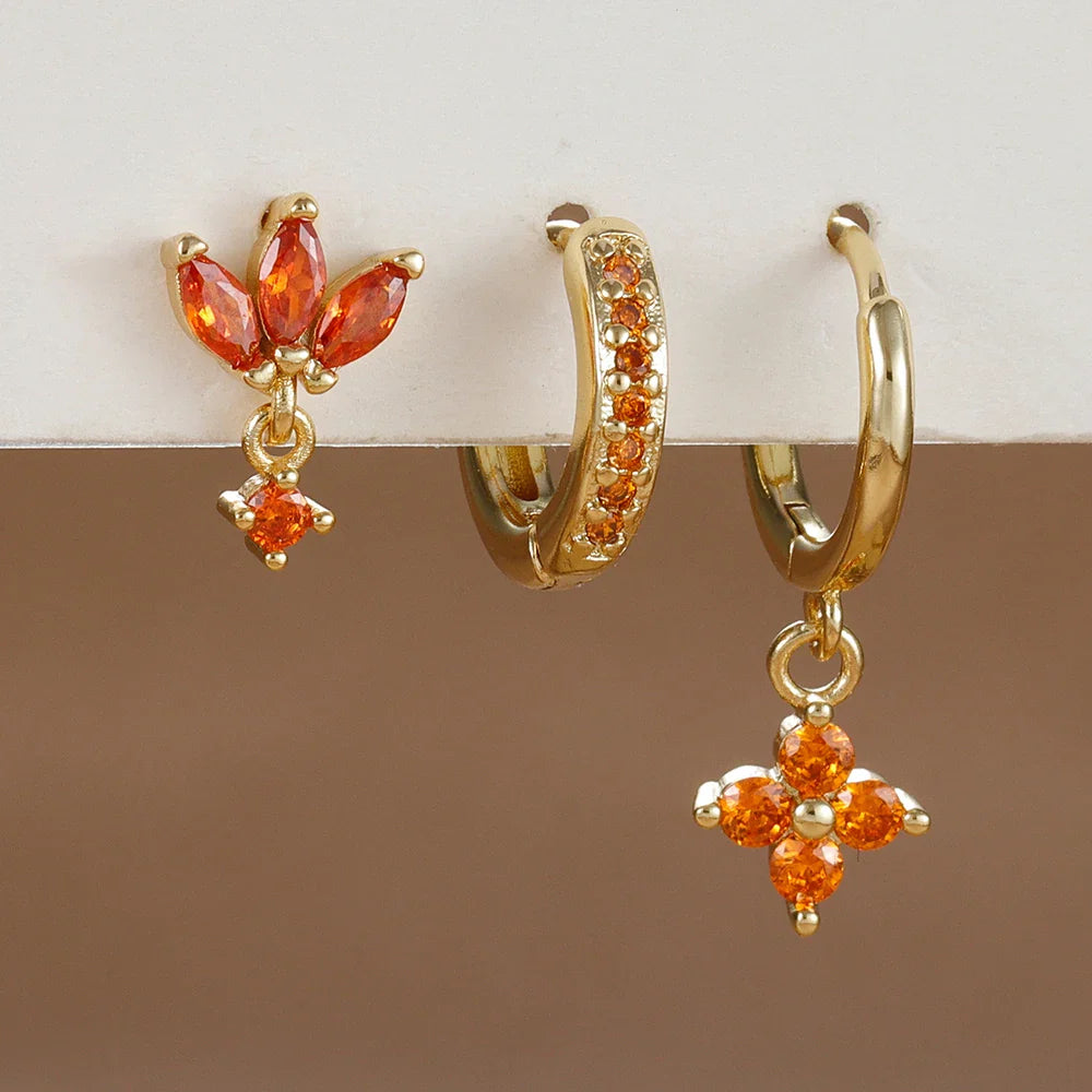 3PCS Fashion Orange Blue Zircon Hanging Earrings Set for Women Stainless Steel Flower Dangle Earring Piercing Jewelry Vera Lux