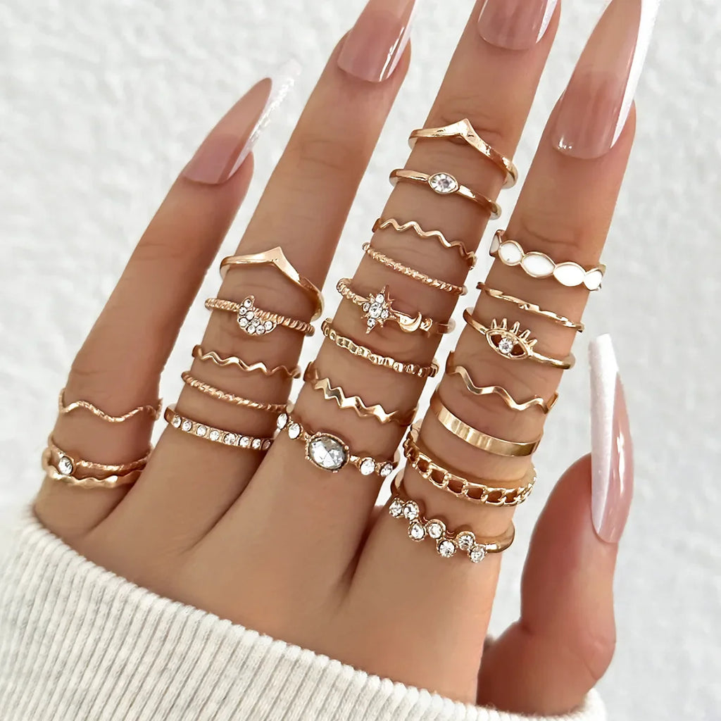 23Pcs Fashion Knuckle Rings Set For Women Crystal Star Moon Eye Wave Gold Silver Color Rings Female Trendy Party Jewelry Gift Vera Lux