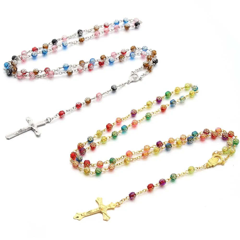 Catholic Rosary Bead Necklace For Women Gold Color Long Chain Crucifix Cross Pendant Female Religious Prayer Jewelry Vera Lux