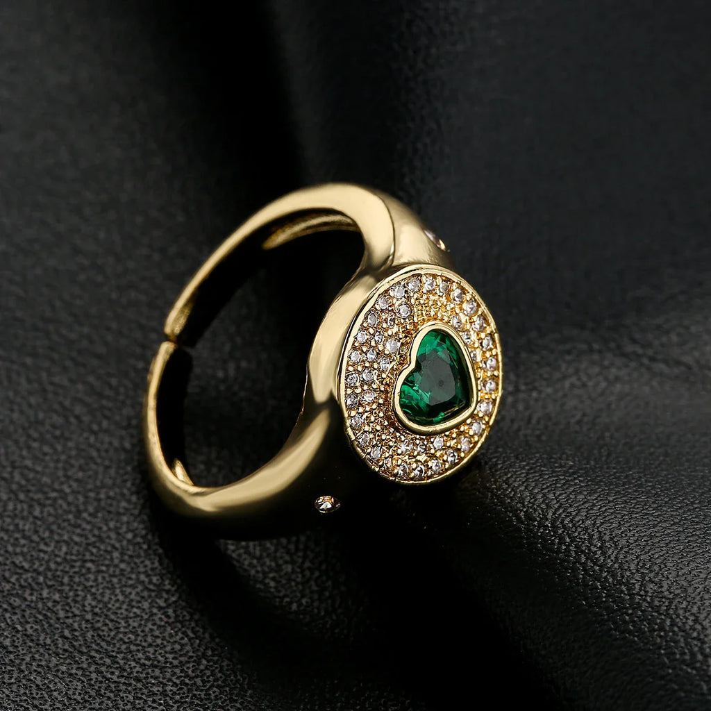 NEWBUY 2024 Hot Sale Red/Green CZ Zircon Heart Rings For Women Adjustable Gold Color Copper Wedding Jewelry Femme Bijoux Vera Lux