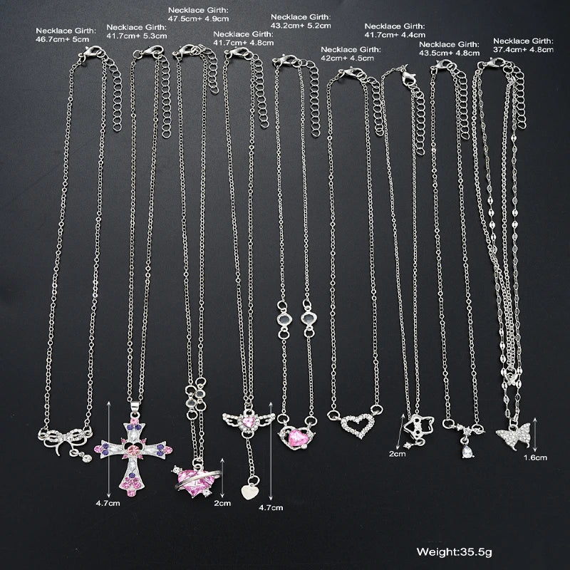 9 Pcs Women's Elegant Zircon Pendants Necklace Set Fashion Pink Color Cross Butterfly Heart Bowknot Necklaces Party Jewelry Gift Vera Lux