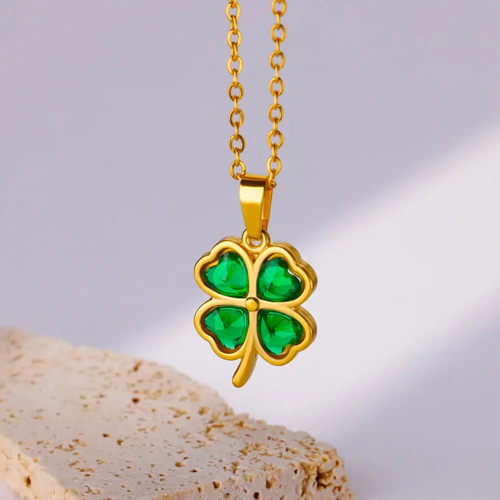 Four Leaf Clover Stainless Steel Necklaces For Women Green Zircon Gold Color Quality Jewelry Pendant Necklace Gift Free Shipping Vera Lux