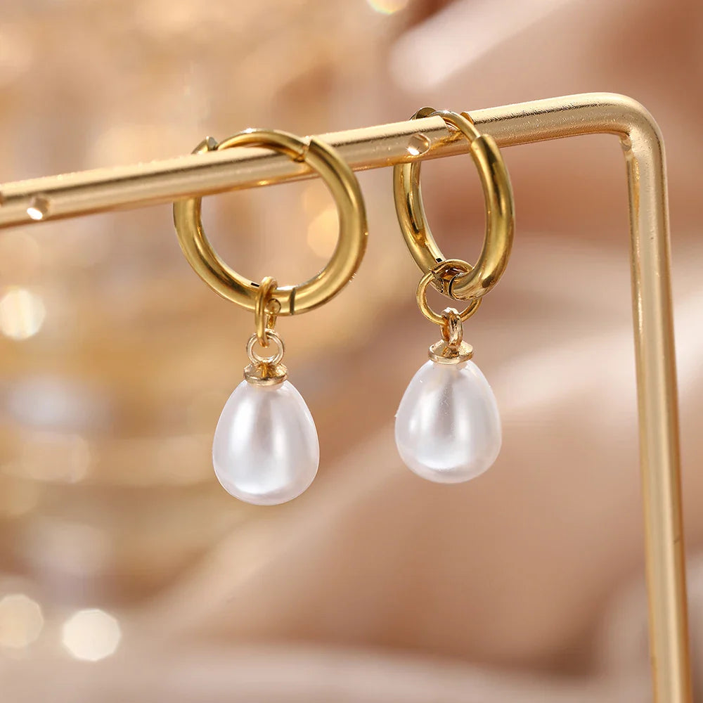 Stainless Steel Teardrop-Shaped Imitation Pearl Pendant Earrings Women's Everyday Commute Elegant Style Ear Jewelry Accessories Vera Lux