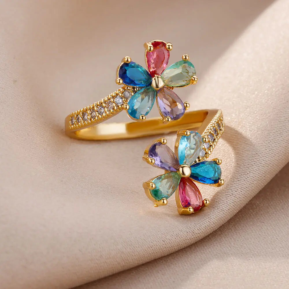 Colored Zircon Double Flower Rings For Women Gold Plated Stainless Steel Flower Opening Ring Wedding Aesthetic Jewelry Gift 2023 Vera Lux
