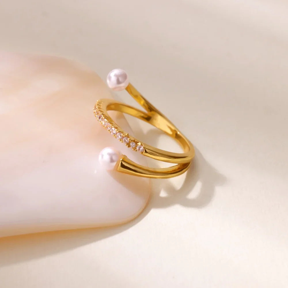 Layered Zircon Imitation Pearl Ring For Women Stainless Steel Gold Color Ring 2025 New Trend Fashion Wedding Couple Jewelry Gift Vera Lux