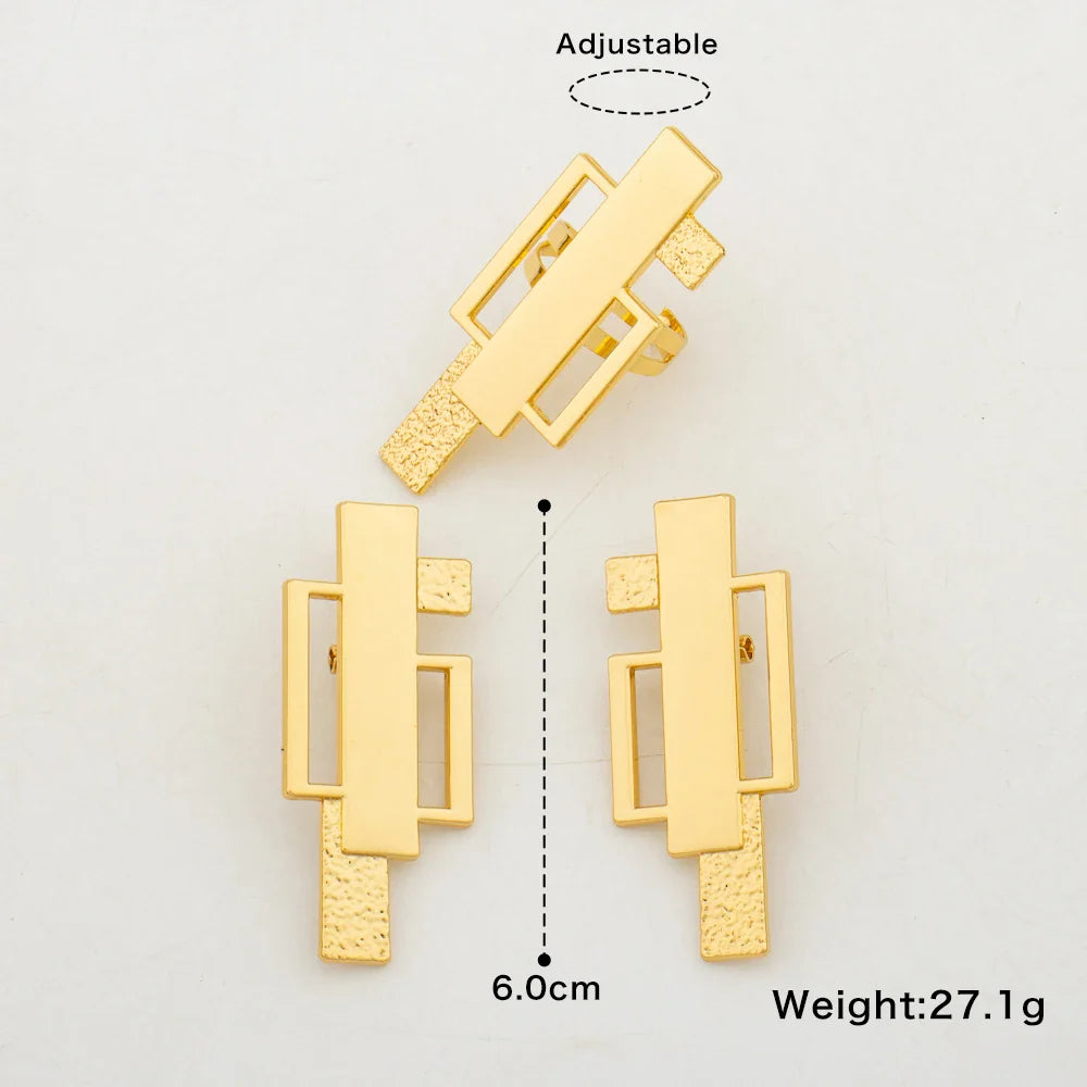 Dubai Gold Color Earrings and Ring Set for Ladies Weddings Hollow Out Clip Earrings and Finger Ring Set for Nigerian Daily Wear Vera Lux