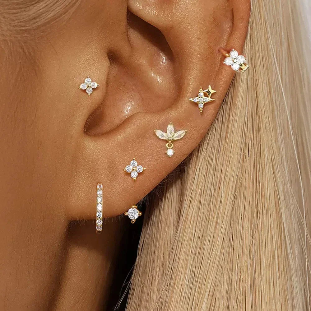 6PCS Fashion Cute Zircon Flower Ear Stud For Women Fashion 18K Gold Plated Star Ear Stud Earring Piercing Girl Set Jewelry Gift Vera Lux