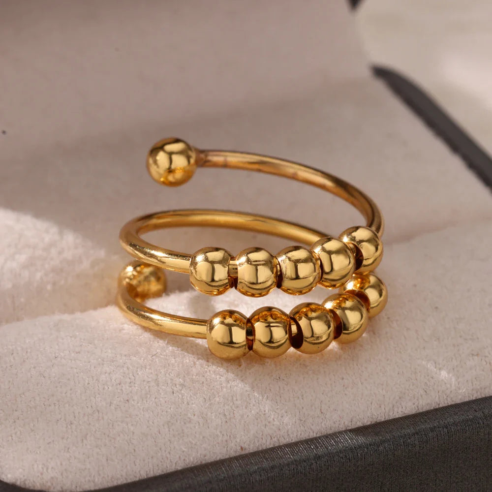 Anti-Stress Rotating Beads Rings for Women Men Gold Color Stainless Steel Double Smooth Beads Finger Ring Party Jewelry Gift Vera Lux