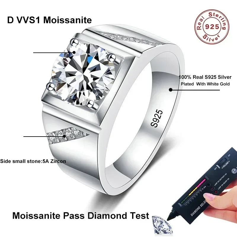 NeeTim 1ct 2ct D VVS1 Moissanite Ring For Men 925 Sterling Silver with Gold Plated Engagement Wedding Band Lab Diamond Man Rings Vera Lux