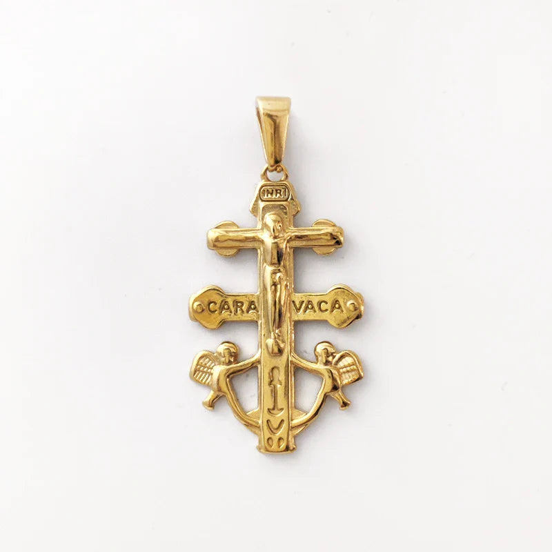 Caravaca De La Cruz Crucifix Pendant Christian Angels and Christ in Relief Stainless Steel Caravaca Cross Charms DIY Accessories Vera Lux