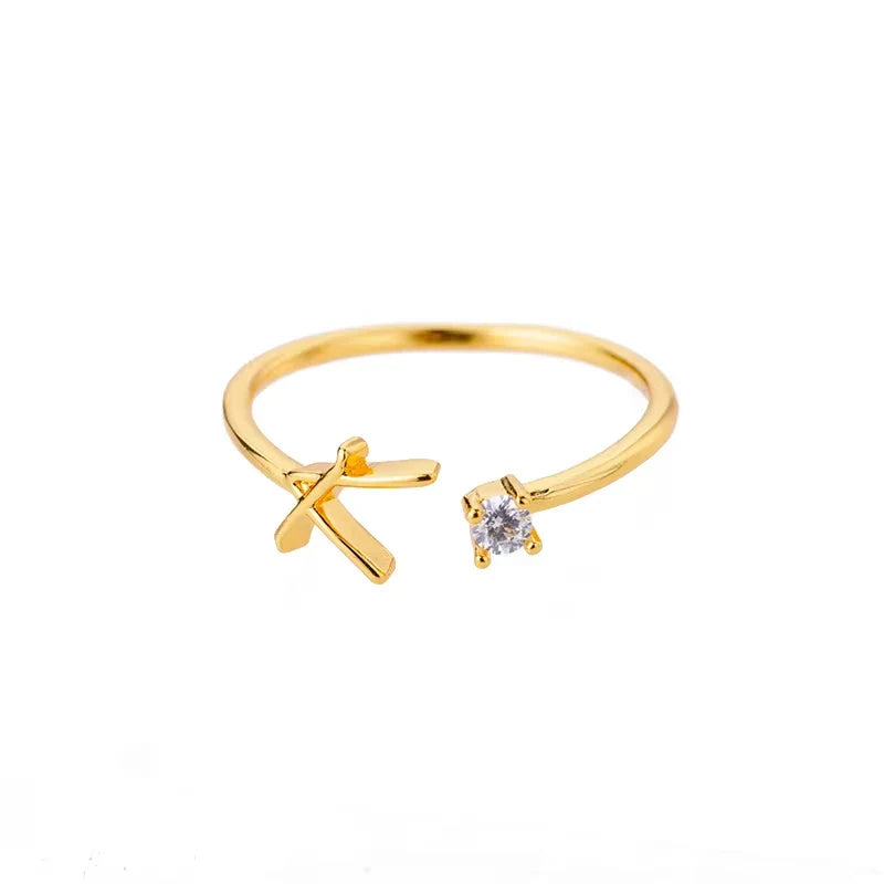 A-Z Initial Letter Open Rings for Women Stainless Steel Gold Color Zircon Adjustable Ring Trendy Couple Wedding Jewelry Gift Vera Lux