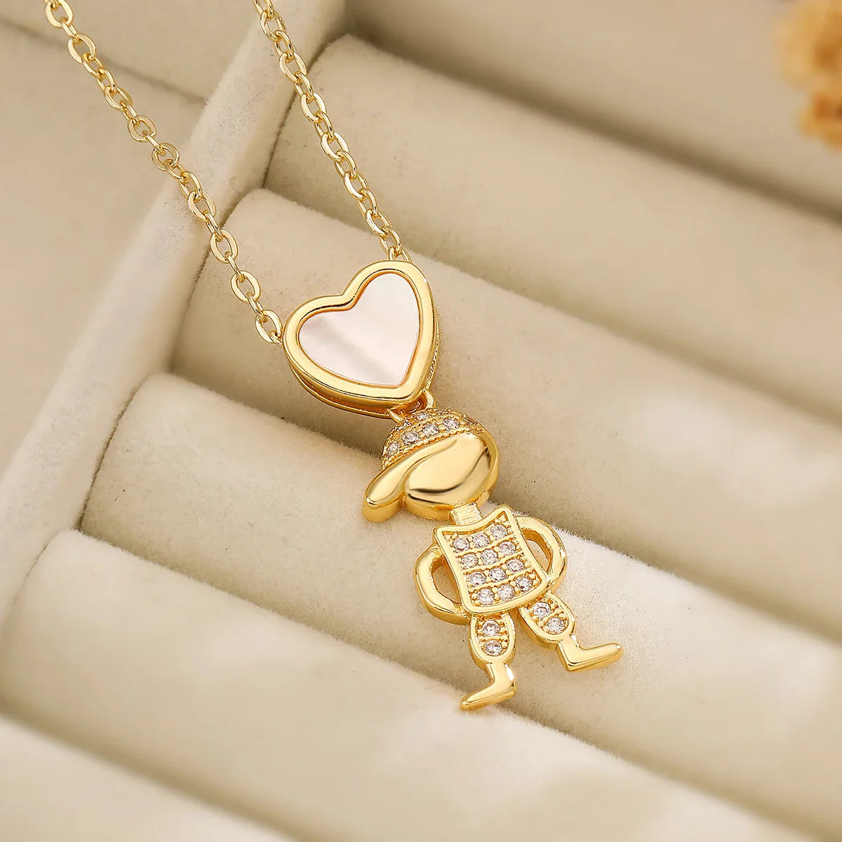NEWBUY Delicae Gold Color Heart Boy & Girl Pendant Necklaces For Women Shiny CZ Inlay Jewelry Mother's Day Gift Vera Lux