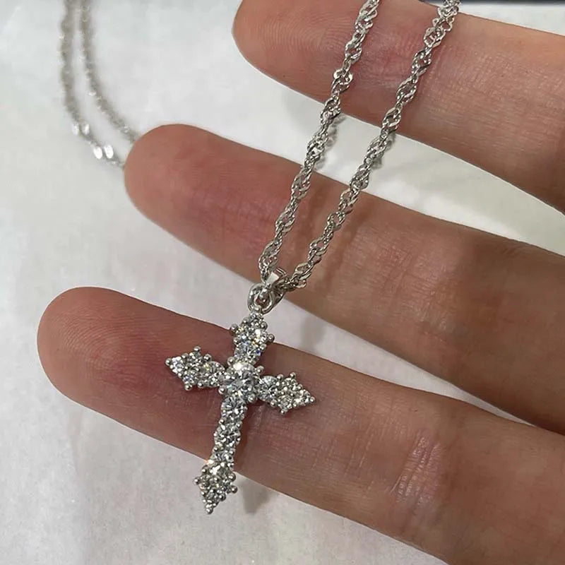 Shiny Crystal Zircon Cross Pendant Necklace for Women Girls Punk Silver Color Thin Chain Necklace Party Jewelry Birthday Gift Vera Lux