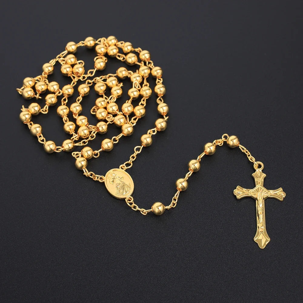 Gold Color Rosary Necklace For Women Men Long 6MM Beads Chain Crucifix Cross Pendant Religious Prayer Party Jewelry Gift Vera Lux