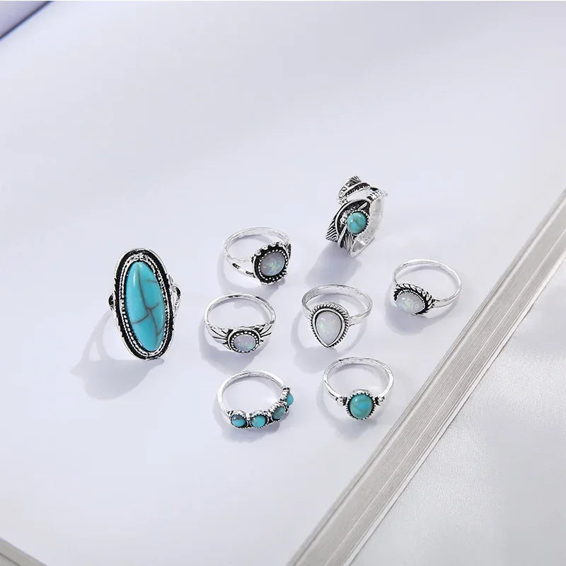 8Pcs/Set Rings Set Fashion Casual New Retro Set With Turquoise Carved Feather Ring Set High-grade Jewelry Vera Lux