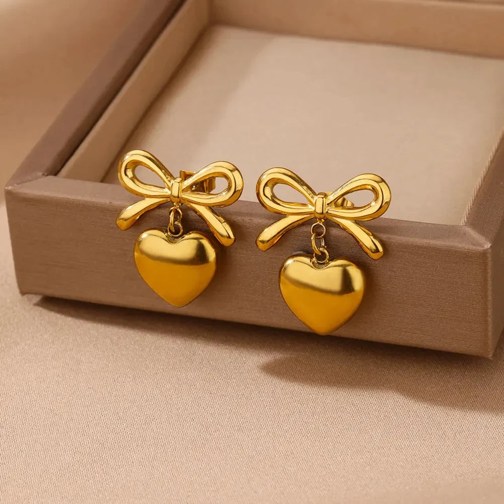 Cute Bow Heart Earrings for Women Stainless Steel Gold Color Heart Stud Earrings 2024 Trend Piercing Jewelry Wedding Party Gift Vera Lux