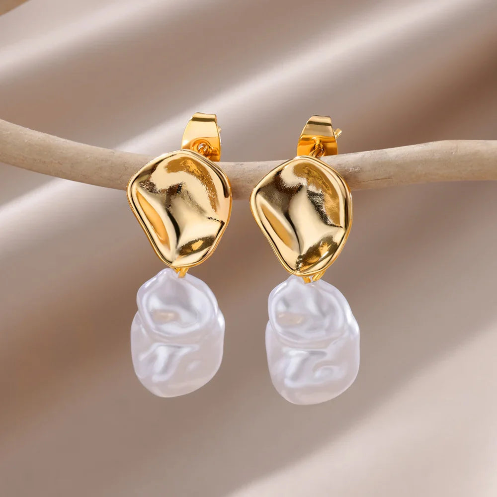 Fashion Circle Imitation Pearl Drop Earrings for Women Gold Color Stainless Steel Round Geometric Hoop Earring Wedding Jewelry Vera Lux