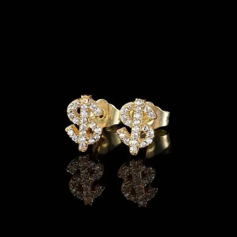 American Full Diamond Dollar Letter Stud Men's Senior Sense Super Flash Hip Hop Trend Niche Men's And Women's Fashion Earrings Vera Lux