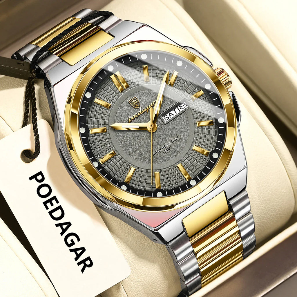 POEDAGAR Top Original Men's Watches Stainless Steel Waterproof Luminous Man Watch Date Week Classic Trendy Quartz Men Wristwatch Vera Lux