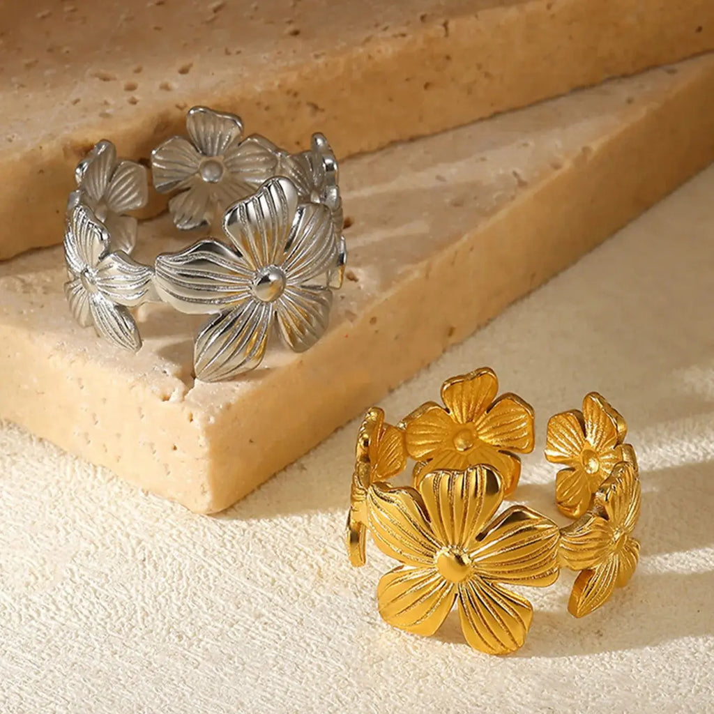 Unique Design Flower  Rings For Women Geometric Stainless Steel Flower Opening Ring Gold Color Jewelry Gift Anillos Vera Lux