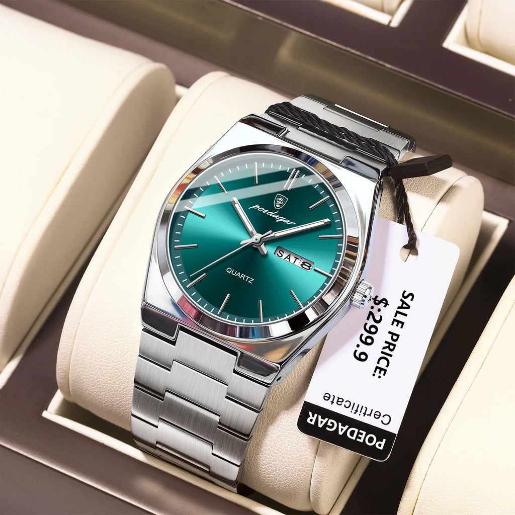 POEDAGAR Luxury Sport Quartz Man Wristwatch Waterproof Luminous Date Week Men Watches Stainless Steel Men's Watch Male Reloj+box Vera Lux