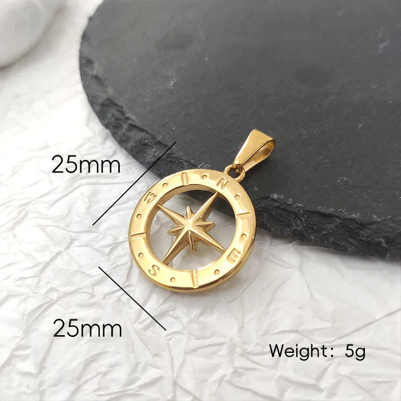 Hip Hop Men 18K Gold Plated Stainless Steel Compass Pendant North Star Charm Necklace Waterproof Jewelry For Men Gift Vera Lux