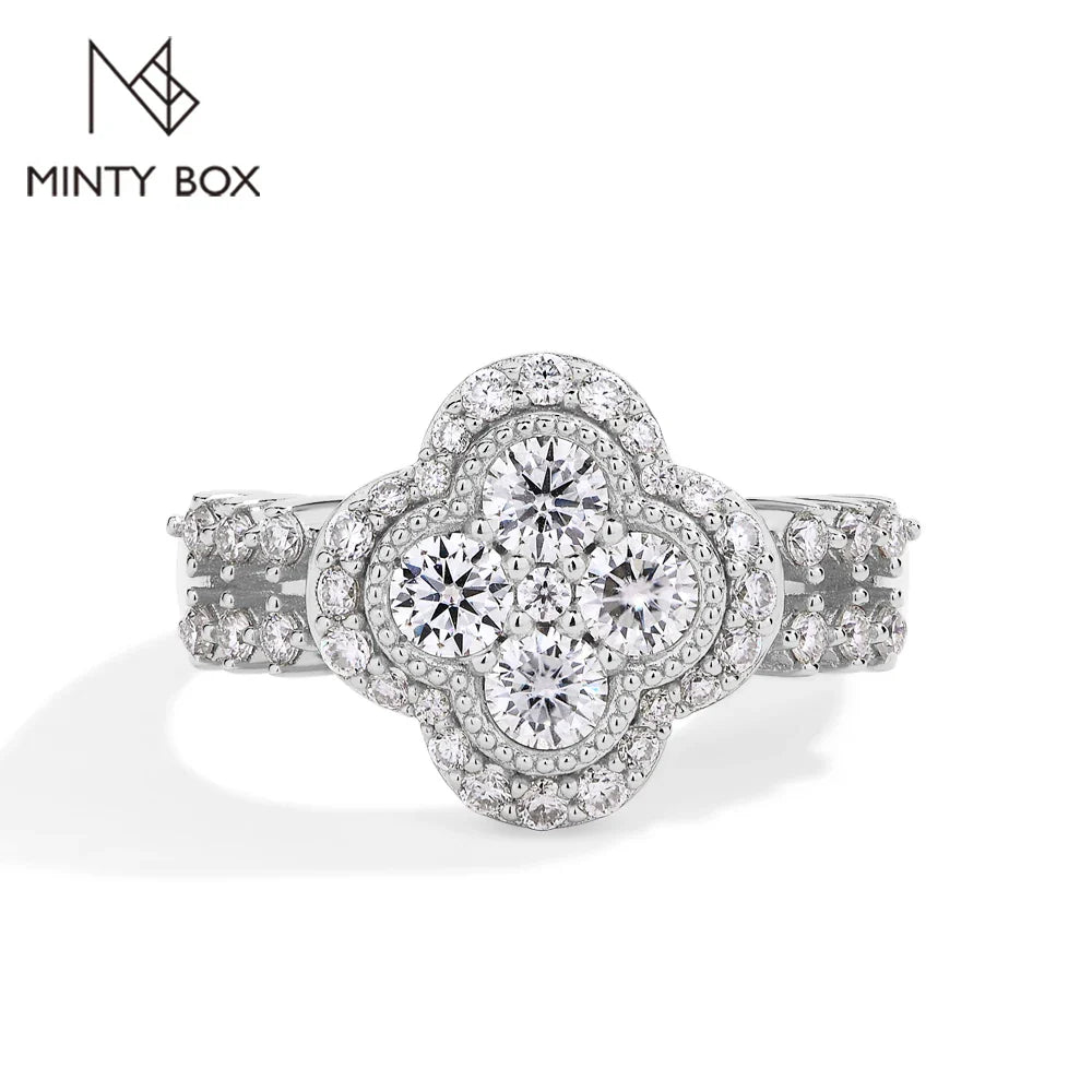 MINTYBOX Moissanite 18k White Gold Plated Diamond Ring For Women S925 Sterling Silver Engagement Wedding Fine Jewelry Four-Leaf Vera Lux