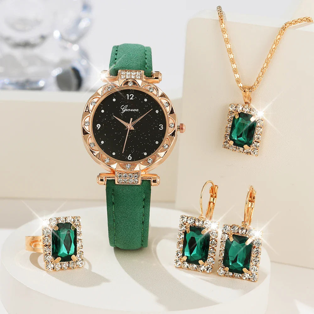 Womens Watches 5Pcs Set Luxury Rhinestone Women Fashion Elegant Wristwatch Quartz Watch For Girl WristWatch Bracelet Gift Vera Lux
