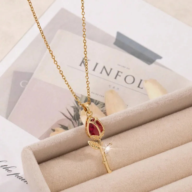 1 Piece Women's Red Zirconia Tulip Rose Pendant Necklace Copper Pendant Stainless Steel Chain Versatile Valentine's Day Gift Vera Lux