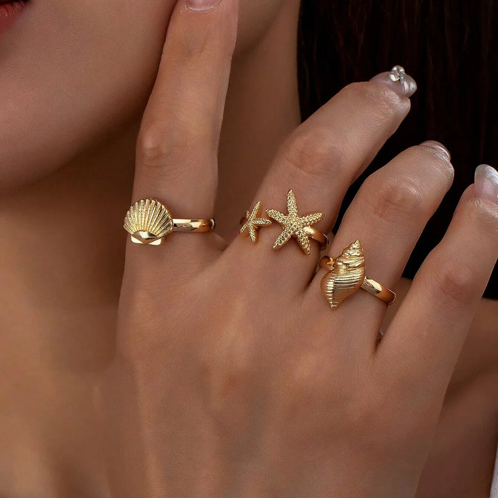 Starfish Shell Conch Stainless Steel Open Rings For Women Gold Color Adjustable Finger Ring Fashion Sea Vacation Jewelry Gifts Vera Lux