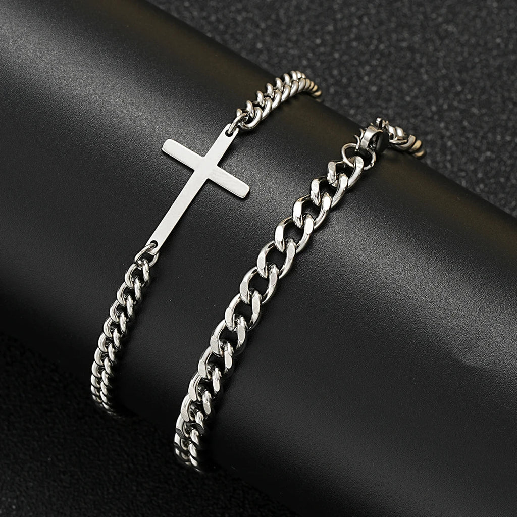 2024 New Stainless Steel Cross Cuban Chain Bracelet Set for Men Hip Hop Punk Snake Chain Bracelets Fashion Unisex Jewelry Gifts Vera Lux