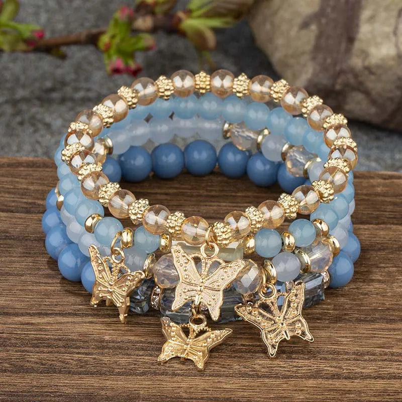 4Pcs Trendy Butterfly Beaded Bracelet Set For Women Pink Acrylic Beads Elastic Chain Bangle Female Bohemian Party Jewelry Gift Vera Lux