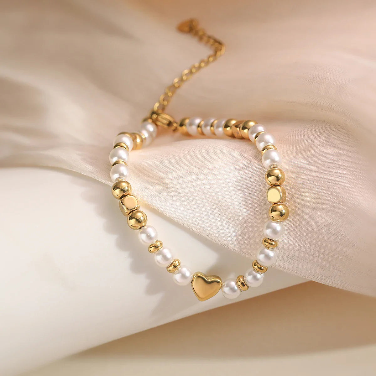 NEWBUY 2025 Trendy Gold Color Non-Fading Stainless Steel Beads Pearl Heart Bracelet For Women Daily Jewelry Accessories Vera Lux