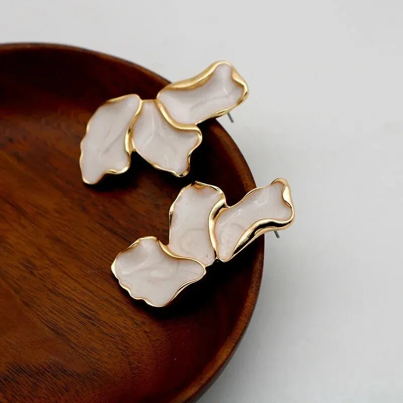 Metal Flower Cream Epoxy Earring Stud Women Fashion Gold Color Plating Irregular Post Earrings Heavy Design Statement Earrings Vera Lux