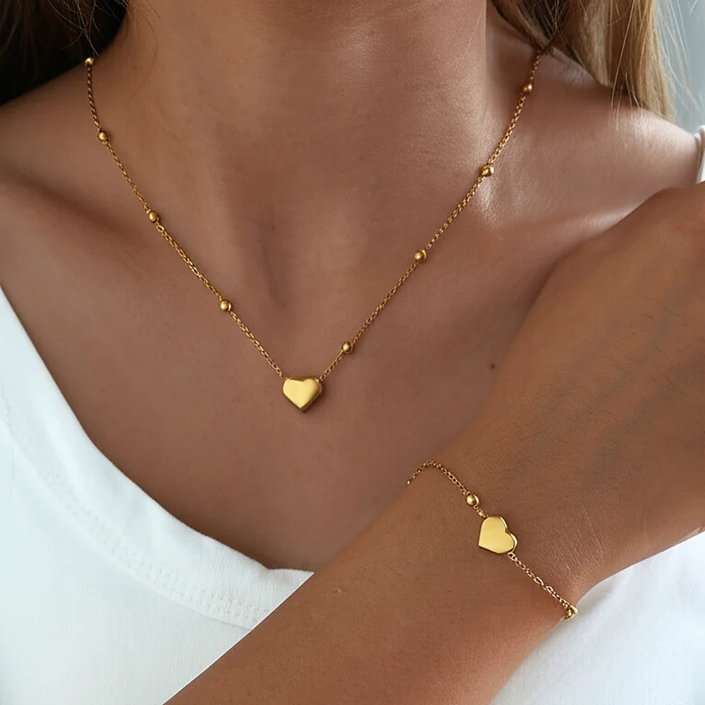 DOTIFI Stainless Steel Stereoscopic Heart Pendant Necklace Bracelet Jewelry Set Simple Fashion Commuter For Women Jewelry Gift Vera Lux