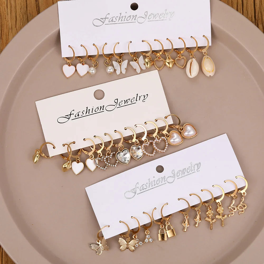 36 Pcs Boho Heart Hoop Earring Set for Women Gold Color Bohemia Vintage Pearl Earring  European and American Jewelry Gifts 2024 Vera Lux