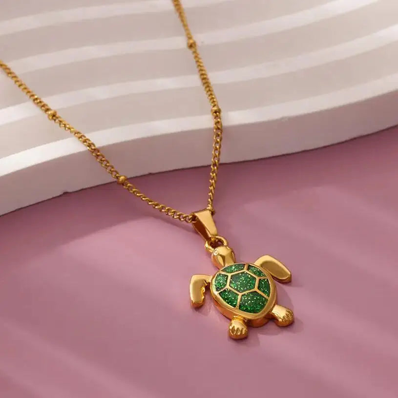 Colored Turtle Pendant Necklace for Women Summer Beach Female Charm Necklace Beads Chain Cute Stainless Steel Jewelry collar Vera Lux