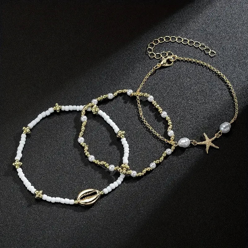 3 Pcs Beach Beaded Anklet Set for Women Vintage Summer Gold Color Starfish Shell Charms Anklet Vacation Daily Wear Jewelry Gifts Vera Lux