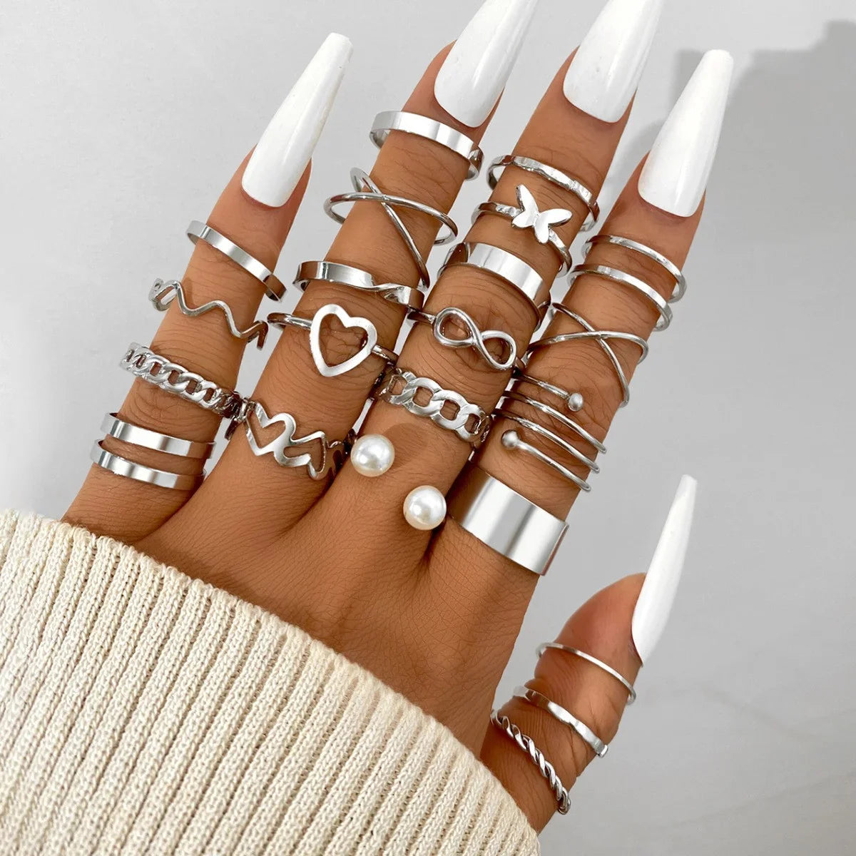 30 PCS Silver Color Geometric Ring Set For Women Vintage Heart Eye Cross Sun And Moon Leaf Charm Finger Ring Female Boho Jewelry Vera Lux