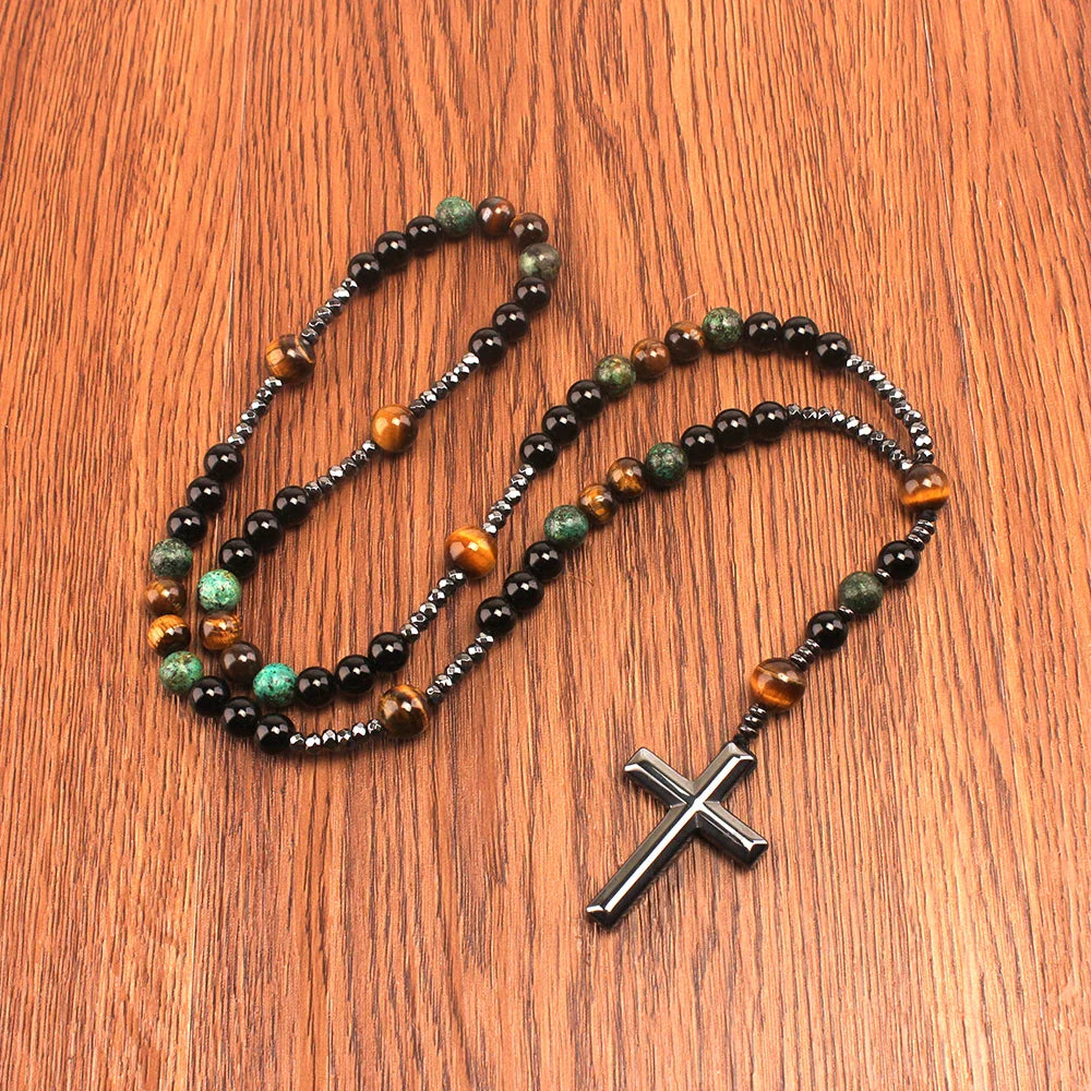 Natural Stone Africa Turquoise and Tiger-eye Beads Cross Pendant Necklace Rosary for Men and Women Vera Lux