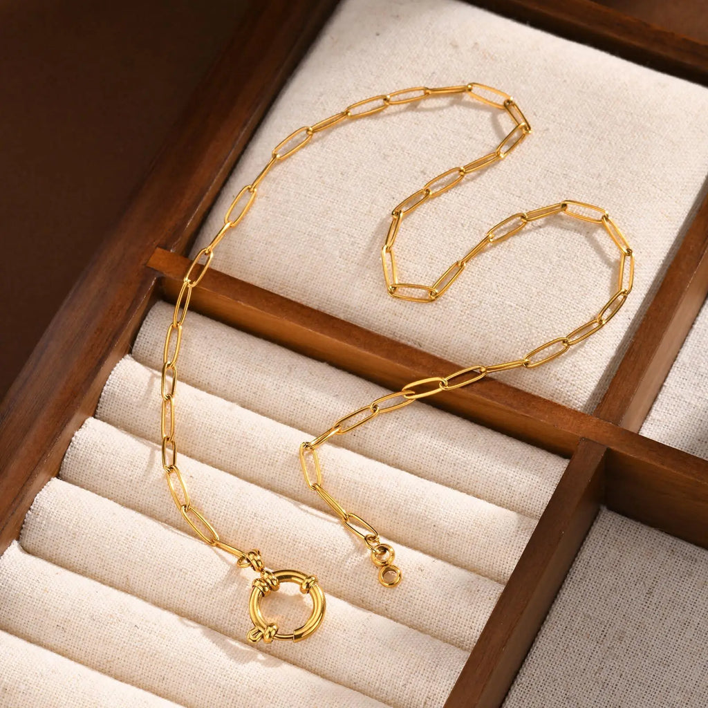 Paperclip Chain Choker Necklace, Women's Stainless Steel Spring Buckle Penddant Necklace, Waterproof 18k Gold Plated Jewelry Vera Lux