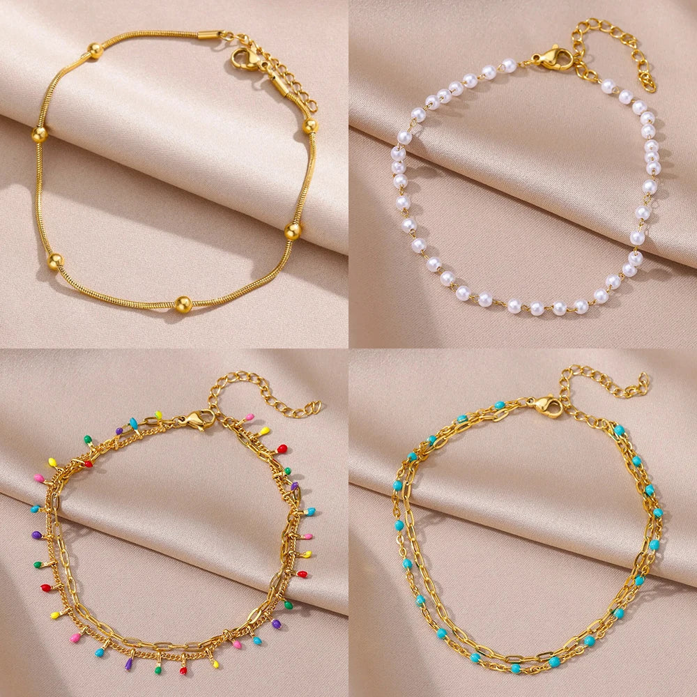 Stainless Steel Imitation Pearl Anklets for Women Gold Color Chain Ankle Bracelet Anklet Summer Beach Jewelry Accessories Gift Vera Lux