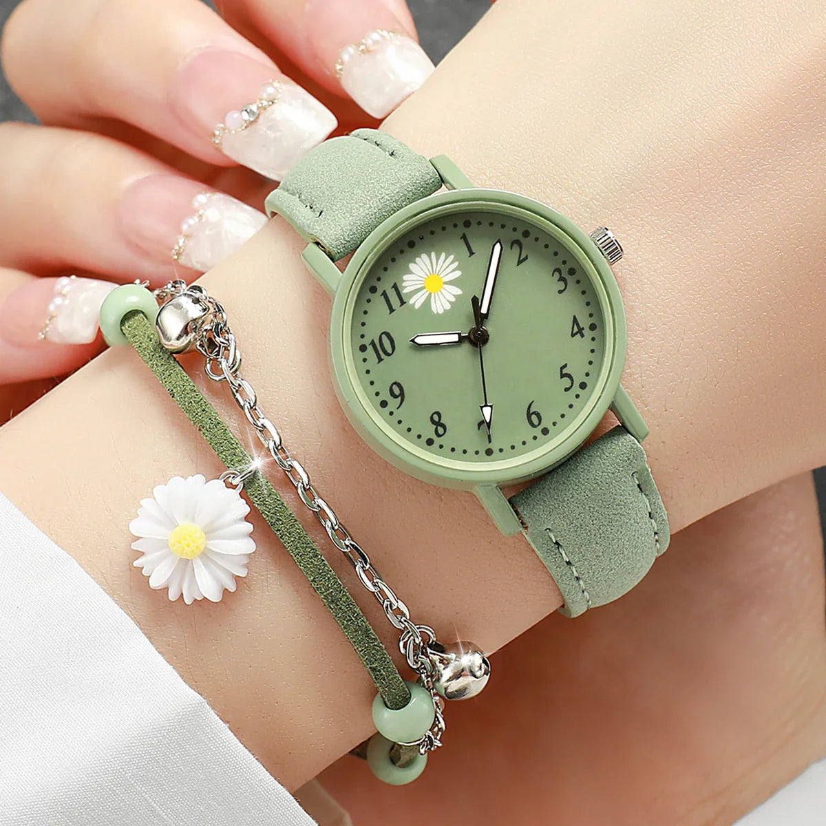 2PCS/Set Fashion Women Watches Bracelet Set Simple Arabic Dial Leather Strap Quartz Watches Reloj Mujer Girls Clock Gift Vera Lux