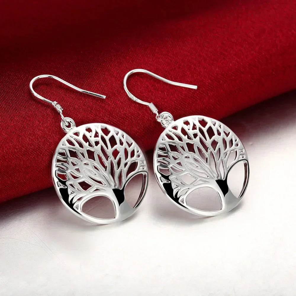 925 Sterling Silver Fine Retro Round Tree Pendant Necklace Earrings Sets For Woman Fashion Party Wedding Jewelry Set Gifts Vera Lux